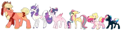 Size: 8000x2000 | Tagged: safe, artist:puppythekat (sofurry), derpibooru import, applejack, fluttershy, pinkie pie, rainbow dash, rarity, twilight sparkle, twilight sparkle (alicorn), alicorn, classical unicorn, earth pony, pegasus, pony, unicorn, alternate design, alternate universe, cloven hooves, colored hooves, dock, female, glasses, hair bun, hairband, hat, heterochromia, image, lanky, leonine tail, lidded eyes, line-up, looking back, mane six, mare, neckerchief, pigtails, png, redesign, reference sheet, short, simple background, smiling, tail, transparent background, twitterina design, unshorn fetlocks