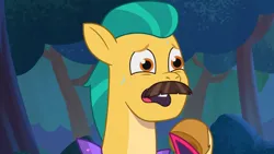Size: 3072x1727 | Tagged: safe, derpibooru import, screencap, hitch trailblazer, earth pony, pony, my little pony: tell your tale, spoiler:g5, spoiler:my little pony: tell your tale, spoiler:tyts01e31, fake moustache, g5, haunted house (episode), high res, image, jpeg, male, open mouth, solo, stallion, youtube link