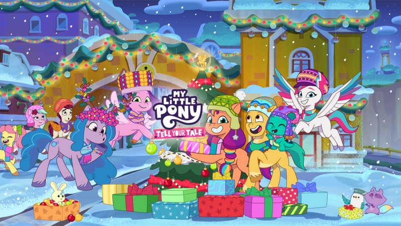 Size: 2048x1152 | Tagged: safe, derpibooru import, official, hitch trailblazer, izzy moonbow, kenneth, pipp petals, posey (g5), sparky sparkeroni, sunny starscout, zipp storm, bird, bunnycorn, dragon, earth pony, pegasus, pony, rabbit, unicorn, g5, my little pony: tell your tale, animal, bauble, beanie, christmas, christmas lights, christmas tree, clothes, dahlia, female, flower, flower in hair, hat, hearth's warming, holiday, image, male, mane five (g5), mare, maretime bay, my little pony logo, png, present, raccoonicorn, rocky (g5), scarf, snow, snowfall, stallion, tree, winter, winter outfit, youtube banner