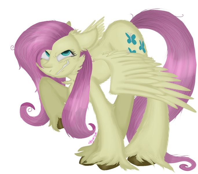 Size: 1349x1184 | Tagged: safe, artist:4agonism, derpibooru import, part of a set, mean fluttershy, pegasus, pony, the mean 6, ass up, bags under eyes, cheek fluff, chest fluff, clone, colored hooves, ear fluff, evil grin, female, floppy ears, full body, grin, image, long tail, looking at you, mare, messy mane, png, raised hoof, smiling, solo, spread wings, tail, unshorn fetlocks, wavy mouth, wings, wings down