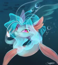 Size: 1643x1853 | Tagged: safe, artist:sketchiix3, derpibooru import, oc, unofficial characters only, fish, hybrid, merpony, pony, sea pony, seapony (g4), blue background, blue mane, bubble, clothes, cute, digital art, female, fin wings, fins, fish tail, glow, image, looking at you, mare, ocean, pink eyes, png, see-through, signature, simple background, smiling, smiling at you, solo, swimming, tail, underwater, water, wings