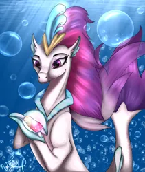 Size: 2827x3349 | Tagged: safe, artist:nutmeg04, derpibooru import, queen novo, seapony (g4), my little pony: the movie, bioluminescent, bubble, collar, colored pupils, crepuscular rays, crown, dorsal fin, eyelashes, female, fin wings, fins, flowing tail, glow, glowing orb, image, jewelry, ocean, orb, png, purple eyes, purple mane, purple tail, purple wings, queen novo's orb, regalia, signature, smiling, solo, sunlight, swimming, tail, underwater, water, wings