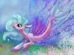 Size: 2224x1668 | Tagged: safe, artist:catscratchpaper, derpibooru import, silverstream, seapony (g4), abstract background, blue mane, coral, female, fin wings, fins, fish tail, flowing mane, flowing tail, image, jewelry, jpeg, necklace, ocean, seapony silverstream, seashell necklace, seaweed, smiling, solo, swimming, tail, underwater, water, wings