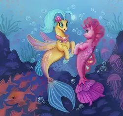 Size: 2886x2711 | Tagged: safe, artist:bartholomaei, derpibooru import, pinkie pie, princess skystar, fish, jellyfish, pony, seapony (g4), my little pony: the movie, blue eyes, bubble, digital art, dorsal fin, eyelashes, female, fin wings, fins, fish tail, flower, flower in hair, freckles, glow, image, jewelry, lesbian, looking at each other, looking at someone, mare, necklace, ocean, open mouth, pearl necklace, piranha, png, seaponified, seapony pinkie pie, seashell, seashell necklace, shipping, skypie, smiling, smiling at each other, species swap, tail, underwater, water, wings