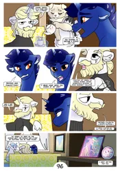 Size: 2100x3000 | Tagged: safe, artist:loryska, derpibooru import, fancypants, prince blueblood, princess celestia, oc, oc:daffodil, oc:indigo sky, diamond dog, pony, unicorn, comic:friendship grows, image, magical lesbian spawn, offspring, parent:trixie, parent:twilight sparkle, parents:twixie, png