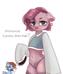 Size: 1729x2048 | Tagged: suggestive, artist:colorbrush, derpibooru import, pinkie pie, rainbow dash, earth pony, pegasus, pony, semi-anthro, alternate hairstyle, clothes, dialogue, female, floppy ears, heart, heart eyes, image, jpeg, lesbian, lidded eyes, long sleeves, looking at you, midriff, mouth hold, panties, pinkamena diane pie, pinkiedash, scissors, shipping, shirt, short hair, socks, stockings, thigh highs, underwear, wingding eyes