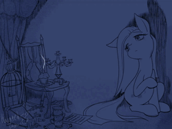 Size: 1280x960 | Tagged: safe, artist:hauntedtuba, derpibooru import, pinkie pie, earth pony, pony, animated, bird cage, blue background, bluescale, candle, candlestick, chair, female, food, image, loop, mare, monochrome, muffin, no sound, pinkamena diane pie, simple background, sitting, smoke, solo, webm