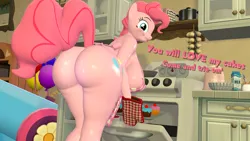 Size: 1920x1080 | Tagged: suggestive, artist:that1guy, derpibooru import, pinkie pie, anthro, earth pony, plantigrade anthro, apron, ass, balloon, balloonbutt, big breasts, breasts, busty pinkie pie, butt, cake, clothes, cooking, dialogue, fat, flour, food, grin, huge breasts, huge butt, image, kitchen, large butt, looking at you, looking back, looking back at you, milk, naked apron, nudity, oven, oven mitts, partial nudity, party cannon, pie, png, pun, raised tail, sexy, smiling, smiling at you, solo, tail, text, the ass was fat
