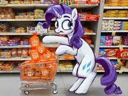 Size: 2720x2048 | Tagged: safe, artist:phutashi, derpibooru import, rarity, pony, unicorn, bipedal, bipedal leaning, bread, female, food, grocery store, image, irl, leaning, looking around, mare, nervous, photo, png, ponies in real life, rolls, shopping, shopping cart, solo