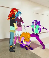Size: 1922x2298 | Tagged: safe, artist:daazzlin, derpibooru import, adagio dazzle, aria blaze, sonata dusk, sunset shimmer, human, equestria girls, abuse, adagiabuse, arms spread out, asserting dominance, bully, bullying, dominance, fetal position, hallway, high res, image, meme, photoshop, png, surrounded, t pose, the dazzlings