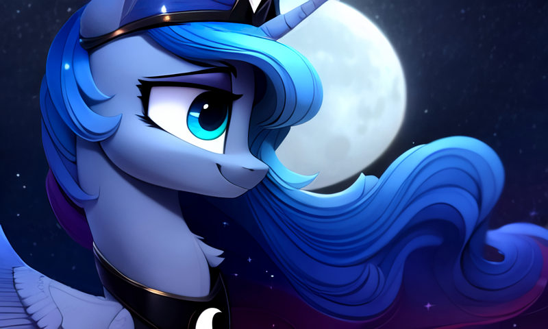 Size: 2560x1536 | Tagged: safe, derpibooru import, machine learning generated, stable diffusion, princess luna, alicorn, close-up, cute, folded wings, image, moon, night, png, smiling, smirk, solo, stars, wallpaper, wings