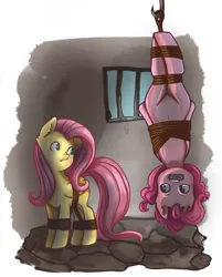Size: 1725x2144 | Tagged: safe, artist:xeninara, derpibooru import, fluttershy, pinkie pie, earth pony, pegasus, pony, bondage, bound, bound and gagged, bound together, bound wings, duo, duo female, female, gag, hook, image, png, rope, rope bondage, suspended, suspension bondage, tape, tape gag, tied up, upside down, wings