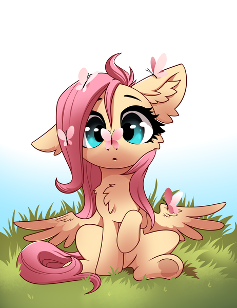 Size: 1600x2080 | Tagged: safe, artist:28gooddays, derpibooru import, fluttershy, butterfly, insect, pegasus, pony, butterfly on nose, image, insect on nose, one ear down, png, solo