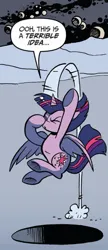 Size: 575x1334 | Tagged: safe, artist:andypriceart, derpibooru import, idw, twilight sparkle, twilight sparkle (alicorn), alicorn, pony, spoiler:comic, accord (arc), dialogue, eyes closed, female, g4, hole, image, jpeg, jumping, mare, solo, speech bubble
