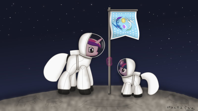 Size: 1920x1080 | Tagged: safe, artist:99999999000, derpibooru import, princess cadance, twilight sparkle, alicorn, pony, unicorn, astronaut, duo, duo female, female, filly, flag, foal, image, magic, mare, moon, png, requested art, spacesuit, teen princess cadance, telekinesis, unicorn twilight