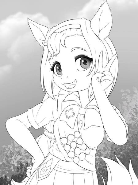 Size: 1200x1600 | Tagged: safe, artist:symbianl, derpibooru import, sunny starscout, anthro, earth pony, female, filly guides, g5, girl scout uniform, grayscale, hand on hip, image, jpeg, looking at you, monochrome, open mouth, open smile, peace sign, smiling, solo