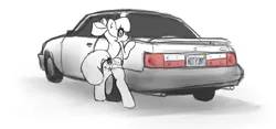 Size: 1280x601 | Tagged: suggestive, artist:taps, derpibooru import, apple bloom, earth pony, pony, bloom butt, butt, car, clothes, daisy dukes, denim, denim shorts, female, filly, foal, foalcon, image, mustang, png, pose, shorts, simple background, solo, standing, underage, white background