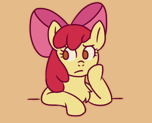 Size: 589x478 | Tagged: safe, artist:memethyst-art, derpibooru import, apple bloom, earth pony, pony, chest fluff, female, filly, foal, frown, hoof on cheek, image, jpeg, simple background, solo