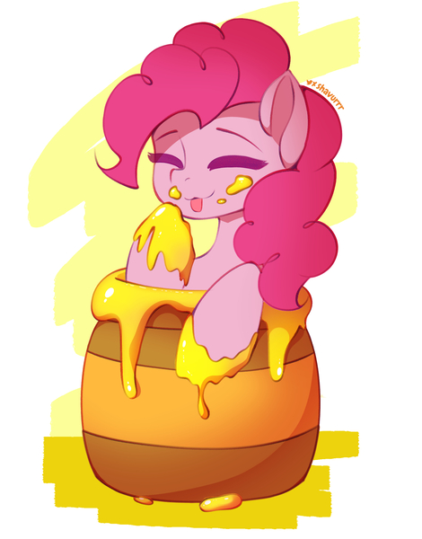 Size: 1692x2160 | Tagged: safe, artist:shavurrr, derpibooru import, pinkie pie, earth pony, pony, eyes closed, female, food, honey, image, jpeg, solo