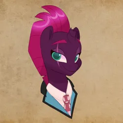 Size: 1446x1446 | Tagged: safe, artist:artharuhi, derpibooru import, idw, tempest shadow, pony, unicorn, broken horn, bust, clothes, collar, horn, image, jpeg, necktie