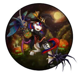 Size: 3120x2936 | Tagged: safe, artist:xsadi, derpibooru import, magic hat, oc, oc:snowi, butterfly, insect, moth, pony, spider, blue mane, candle, candy, clothes, costume, female, food, grass, green light, halloween, halloween costume, hat, holiday, image, mare, moon, night, pet, pets, png, pumpkin, red eyes, red mane, sweets, white pony