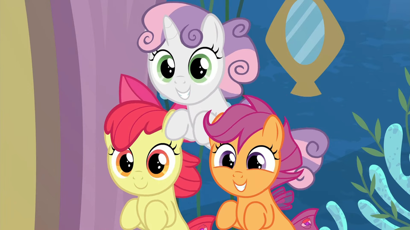 Size: 1920x1080 | Tagged: safe, derpibooru import, screencap, apple bloom, scootaloo, sweetie belle, seapony (g4), season 8, surf and/or turf, spoiler:s08, 1080p, adorabloom, cute, cutealoo, cutie mark crusaders, cutie mark cuties, diasweetes, female, happy, image, implied twilight sparkle, looking at you, png, reaction image, sea-mcs, seaponified, seapony apple bloom, seapony scootaloo, seapony sweetie belle, smiling, species swap, trio
