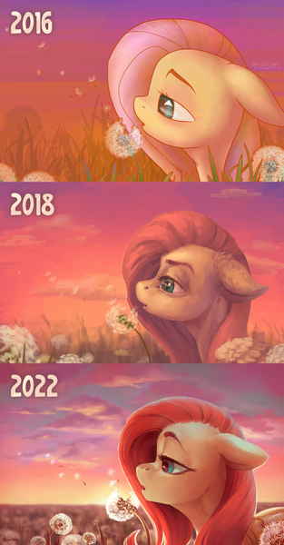 Size: 1222x2343 | Tagged: safe, artist:jewellier, derpibooru import, fluttershy, pegasus, 2016, 2018, art progress, bust, cloud, comparison, dandelion, draw this again, flower field, image, lidded eyes, peaceful, png, portrait, profile, redraw, sunset