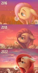 Size: 1222x2343 | Tagged: safe, artist:jewellier, derpibooru import, fluttershy, pegasus, 2016, 2018, art progress, bust, cloud, comparison, dandelion, draw this again, flower field, image, lidded eyes, peaceful, png, portrait, profile, redraw, sunset