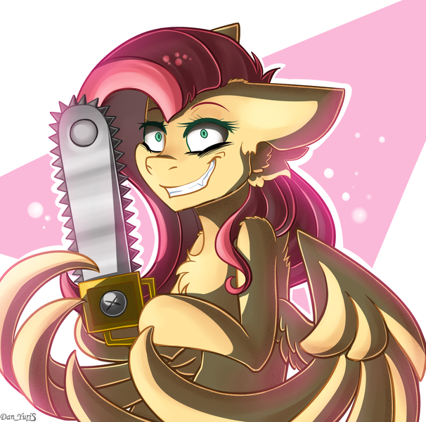 Size: 2580x2555 | Tagged: safe, artist:yuris, derpibooru import, fluttershy, pegasus, pony, .mov, shed.mov, chainsaw, crazy smile, female, floppy ears, fluttershed, image, png, pony.mov, scene interpretation, simple background, smiling, solo, solo female, spread wings, wings