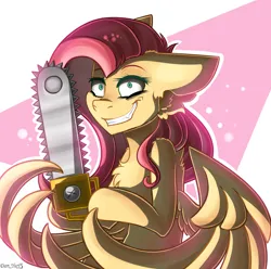 Size: 2580x2555 | Tagged: safe, artist:yuris, derpibooru import, fluttershy, pegasus, pony, .mov, shed.mov, chainsaw, crazy smile, female, floppy ears, fluttershed, image, png, pony.mov, scene interpretation, simple background, smiling, solo, solo female, spread wings, wings