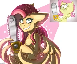 Size: 3080x2555 | Tagged: safe, alternate version, artist:hotdiggedydemon, artist:yuris, derpibooru import, fluttershy, pegasus, pony, .mov, shed.mov, chainsaw, crazy smile, female, floppy ears, image, png, pony.mov, simple background, smiling, solo, solo female, spread wings, wings