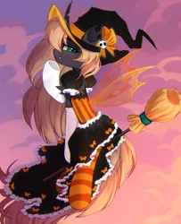 Size: 1280x1580 | Tagged: safe, artist:astralblues, derpibooru import, oc, unofficial characters only, changeling, broom, clothes, female, flying, flying broomstick, hat, image, jpeg, socks, solo, striped socks, witch hat