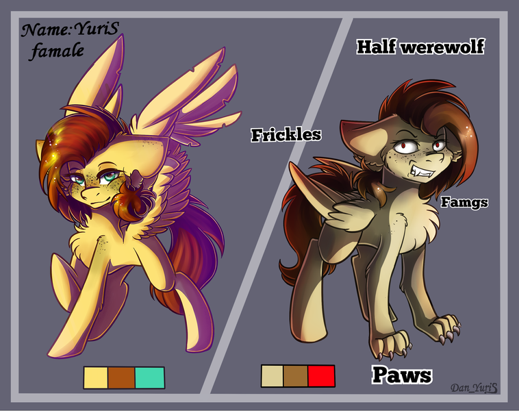 Size: 2400x1900 | Tagged: safe, artist:yuris, derpibooru import, oc, oc:yuris, unofficial characters only, pegasus, pony, werewolf, ears, fangs, female, folded wings, grin, image, paws, png, red eyes, reference, simple background, smiling, solo, solo female, spread wings, wings