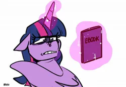 Size: 2048x1423 | Tagged: safe, artist:lrusu, derpibooru import, twilight sparkle, twilight sparkle (alicorn), alicorn, disgusted, ebook, heresy, image, jpeg, kindle, levitation, magic, simple background, solo, telekinesis, twilight sparkle is not amused, unamused, white background