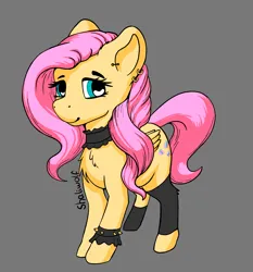 Size: 1527x1640 | Tagged: safe, artist:shaliwolf, derpibooru import, fluttershy, pegasus, pony, bracelet, chest fluff, choker, clothes, ear piercing, female, folded wings, gray background, heart, heart eyes, image, leg warmers, looking at you, mare, piercing, png, simple background, smiling, smiling at you, socks, solo, spiked wristband, standing, three quarter view, wingding eyes, wings, wristband