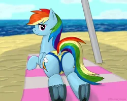 Size: 1500x1200 | Tagged: suggestive, alternate version, artist:nerhal, derpibooru import, rainbow dash, pegasus, pony, beach, butt, clothes, dock, female, female focus, frog (hoof), image, looking at you, looking back, looking back at you, lying down, nudity, panties, plot, png, prone, rainbutt dash, rear view, solo focus, sploot, tail, tail hole, underhoof, underwear, vulva