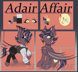 Size: 4922x4562 | Tagged: safe, artist:shade stride, derpibooru import, oc, oc:adair affair, bat pony, pony, bat pony oc, bat wings, clothes, image, png, reference sheet, sitting, solo, standing, sword, vest, watermark, weapon, wings