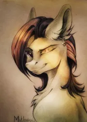 Size: 3254x4547 | Tagged: safe, artist:mithriss, derpibooru import, oc, unofficial characters only, earth pony, pony, ear piercing, earring, female, hairstyle, image, jewelry, looking at you, mare, piercing, png, simple background, smiling, solo, sun, traditional art