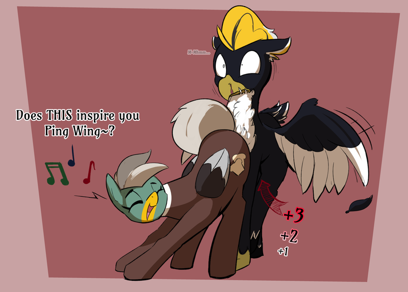 Size: 1508x1080 | Tagged: suggestive, artist:triplesevens, derpibooru import, oc, oc:duk, oc:ping wing, bird, duck pony, hippogriff, original species, pegasus, penguin, bard, blood, dungeons and dragons, fantasy class, hippogriff oc, image, inspiration, music notes, nosebleed, pegasus oc, pen and paper rpg, png, quack, raised tail, rpg, tail, wings, wizard
