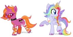 Size: 3464x1781 | Tagged: safe, artist:mint-light, artist:vernorexia, derpibooru import, oc, oc:destiny, oc:mimosa, alicorn, pony, unicorn, alicorn oc, base used, blaze (coat marking), braid, choker, coat markings, colored wings, commission, crown, duo, facial markings, female, gradient legs, gradient wings, hooves, horn, image, jewelry, lesbian, lesbian pride flag, long hair, markings, multicolored hair, png, pride, pride flag, rainbow hair, regalia, short hair, signature, sunglasses, undercut, unicorn oc, watermark, wings