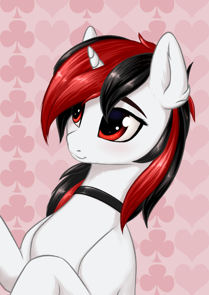 Size: 2749x3888 | Tagged: safe, artist:koshakevich, derpibooru import, oc, oc:blackjack, pony, unicorn, fallout equestria, fallout equestria: project horizons, choker, fanfic art, female, image, mare, pink background, png, simple background, solo