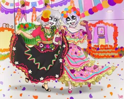 Size: 1280x1024 | Tagged: safe, artist:chango-tan, derpibooru import, diamond tiara, silver spoon, human, clothes, dia de los muertos, dress, dressup, face paint, glasses, image, jpeg, makeup, pan de muerto, skull, sugar skull