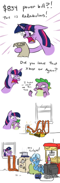 Size: 431x1314 | Tagged: safe, artist:jargon scott, derpibooru import, spike, trixie, twilight sparkle, pony, unicorn, comic, extension cord, gamecube, image, inconvenient trixie, lava lamp, png, power bill, this will end in bankruptcy, twilight sparkle is not amused, unamused