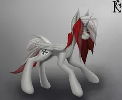 Size: 4000x3300 | Tagged: safe, artist:kirov, derpibooru import, oc, oc:morgensonne, unofficial characters only, alicorn, pony, angry, female, germany, gray background, gray coat, horn, image, iron cross, mare, multicolored hair, png, red eyes, simple background, solo, wings