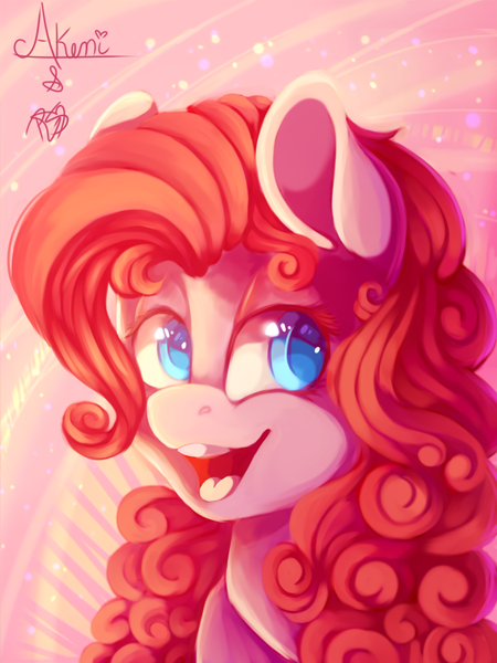 Size: 1268x1690 | Tagged: safe, artist:prettyshinegp, artist:princesscrystal36, derpibooru import, pinkie pie, earth pony, pony, :d, abstract background, bust, collaboration, curly mane, female, image, looking sideways, mare, open mouth, open smile, png, portrait, smiling, solo