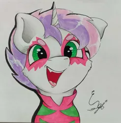 Size: 1661x1687 | Tagged: safe, artist:engi, derpibooru import, sweetie belle, pony, unicorn, the show stoppers, clothes, cute, eyebrows, female, filly, foal, happy, image, jpeg, makeup, open mouth, show stopper outfits, simple background, solo, traditional art