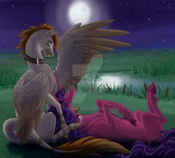Size: 1280x1151 | Tagged: safe, artist:clouris, derpibooru import, oc, unofficial characters only, pegasus, pony, unicorn, collar, colored hooves, deviantart watermark, full moon, horn, image, jpeg, lying down, moon, night, obtrusive watermark, on back, one wing out, outdoors, pegasus oc, unicorn oc, watermark, wings