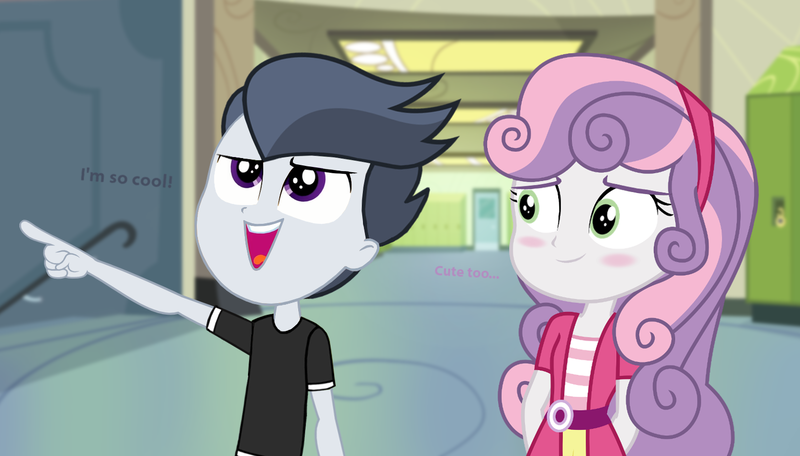 Size: 1532x874 | Tagged: safe, artist:lunaticdawn, derpibooru import, rumble, sweetie belle, human, equestria girls, blushing, canterlot high, duo, equestria girls-ified, female, image, looking up, male, png, pointing, rumbelle, shipping, smiling, straight, text