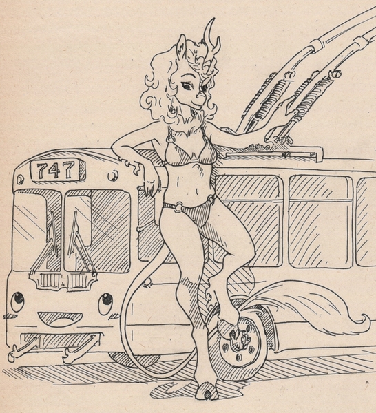 Size: 706x776 | Tagged: safe, artist:adeptus-monitus, derpibooru import, autumn blaze, oc, oc:v747, anthro, clothes, image, jpeg, swimsuit, traditional art, trolleybus