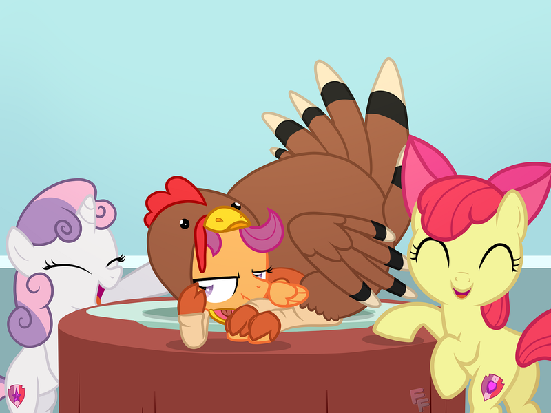 Size: 1440x1080 | Tagged: safe, artist:ponykittenboi, derpibooru import, apple bloom, scootaloo, sweetie belle, earth pony, pegasus, pony, unicorn, adorabloom, clothes, costume, cute, cutealoo, diasweetes, holiday, image, laughing, platter, png, scootachicken, scootaloo is not amused, thanksgiving, turkey costume, unamused